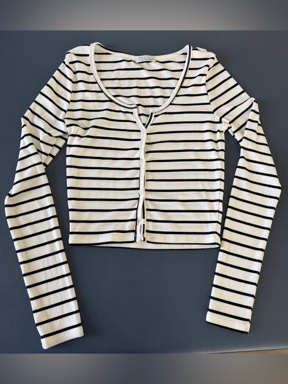 Striped Long-Sleeve Button-Front Crop Top - White/Black